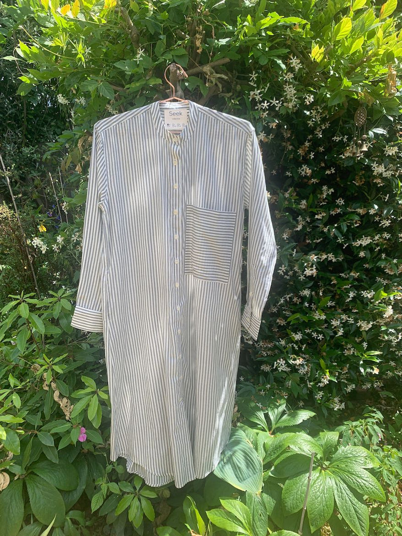 Unisex Nat Shirt Dress, navy indigo stripe